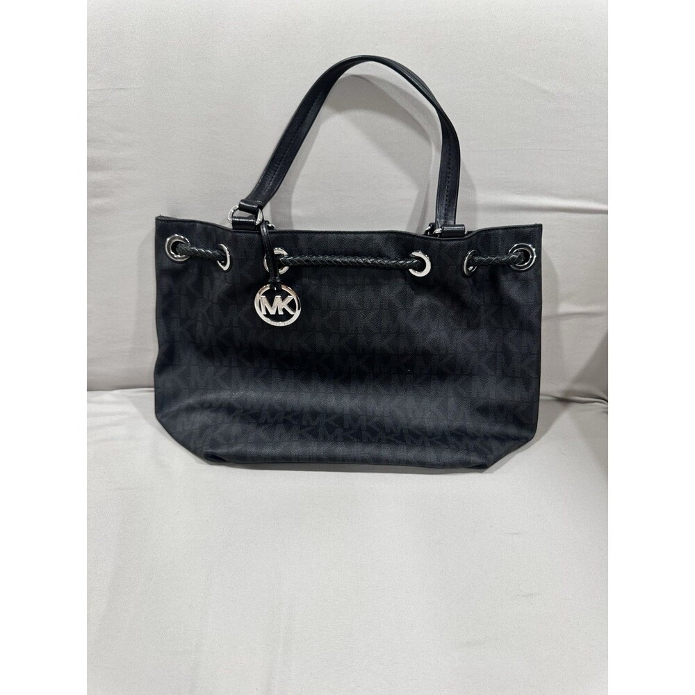 Michael Kors Black Signature Shoulder Bag W/ Tassels And Silver Hardwear